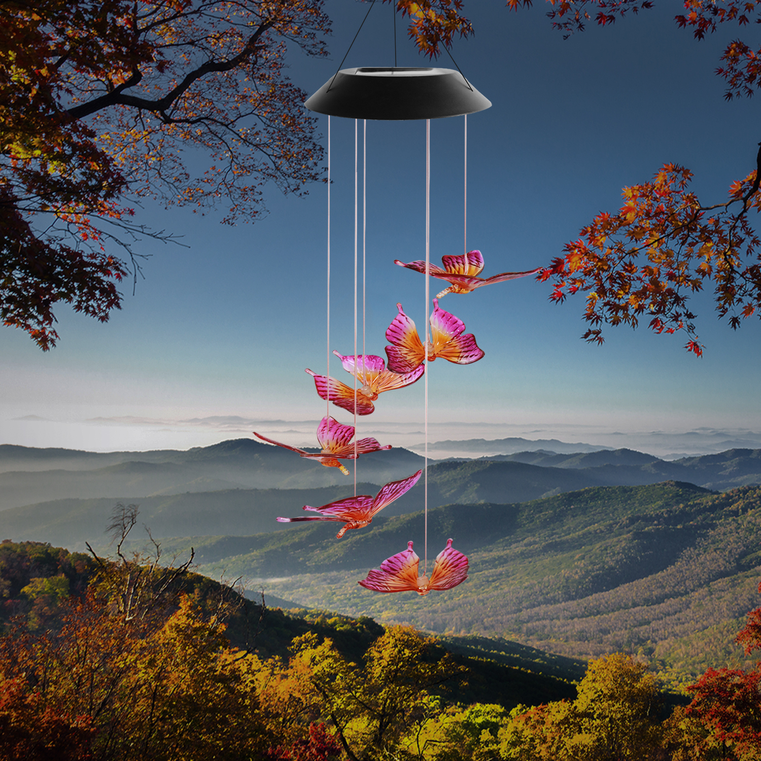 【Vickoo Home】Fashion Outdoor Patio Waterproof Solar Powered Wind Chimes RGB Hanging LED Bell Butterfly Wind Chimes Led String Lights 