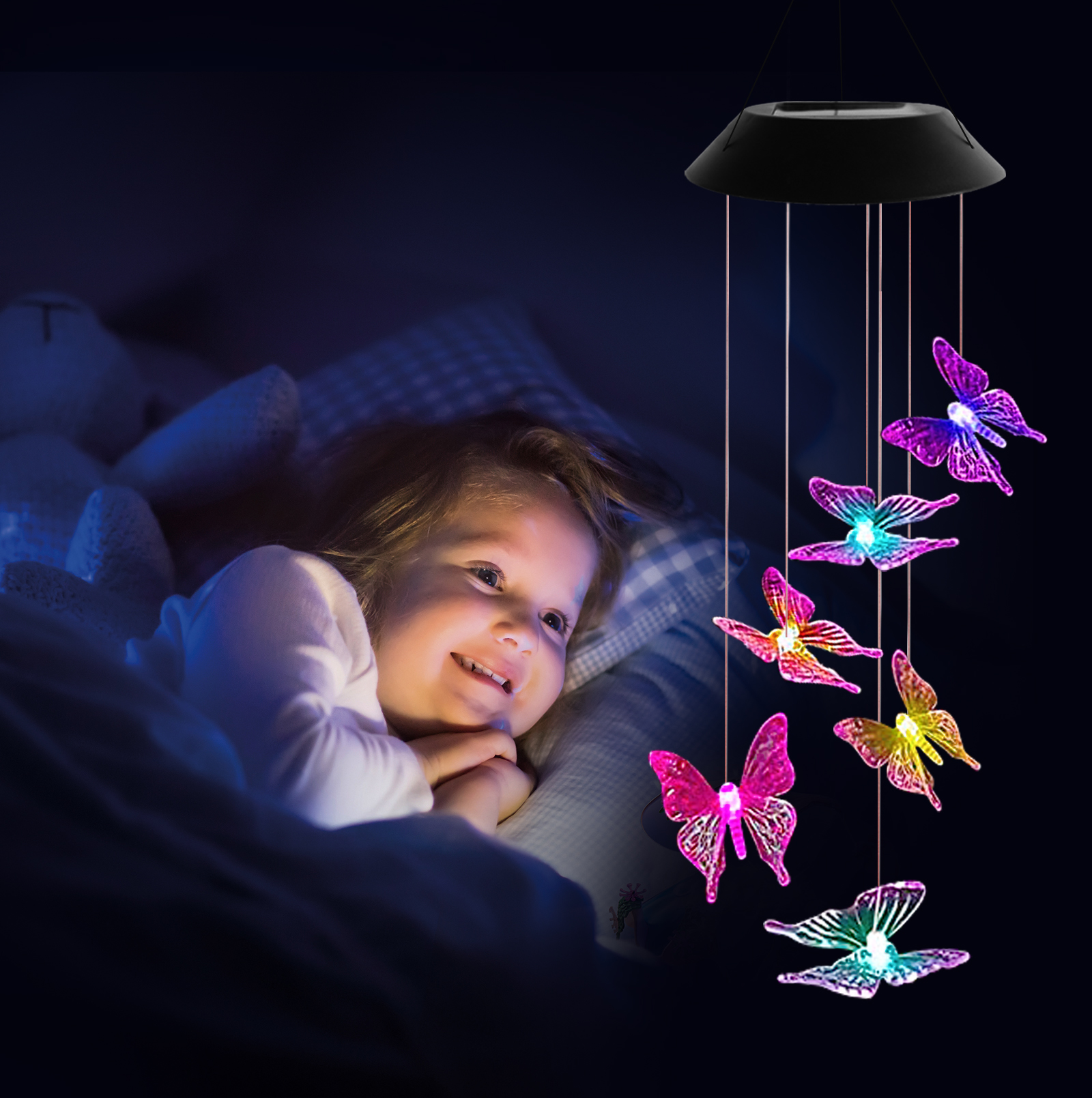 【Vickoo Home】Fashion Outdoor Patio Waterproof Solar Powered Wind Chimes RGB Hanging LED Bell Butterfly Wind Chimes Led String Lights 