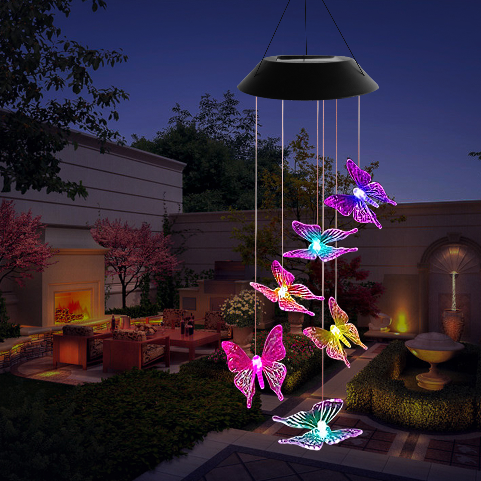 【Vickoo Home】Fashion Outdoor Patio Waterproof Solar Powered Wind Chimes RGB Hanging LED Bell Butterfly Wind Chimes Led String Lights 
