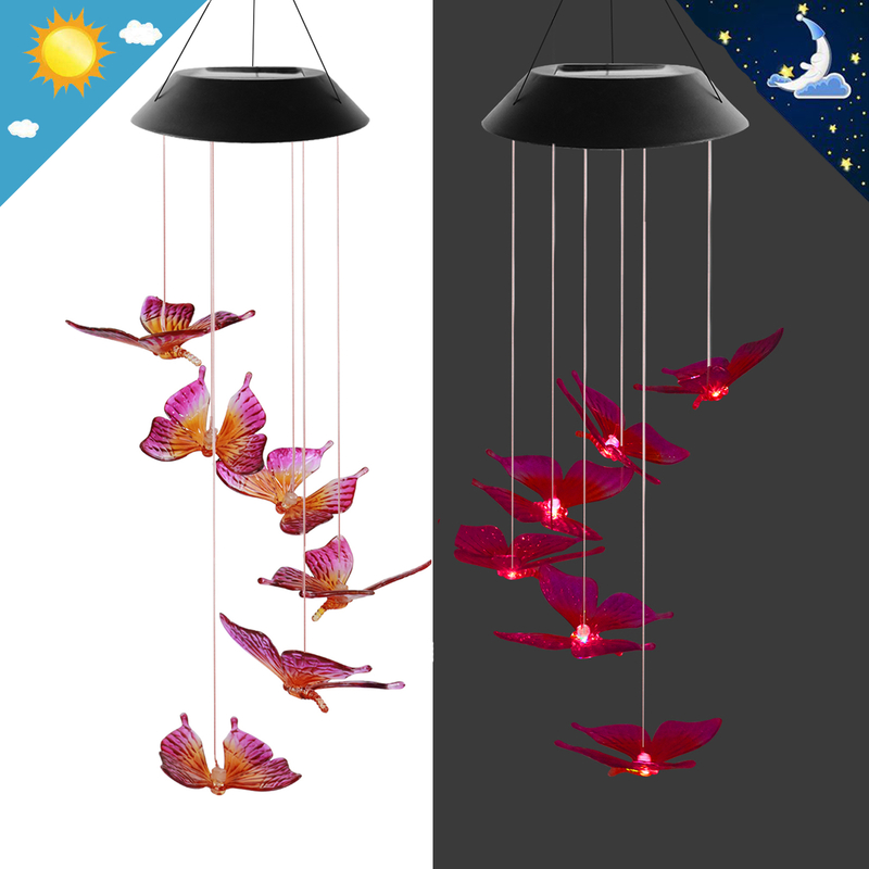 【Vickoo Home】Fashion Outdoor Patio Waterproof Solar Powered Wind Chimes RGB Hanging LED Bell Butterfly Wind Chimes Led String Lights 